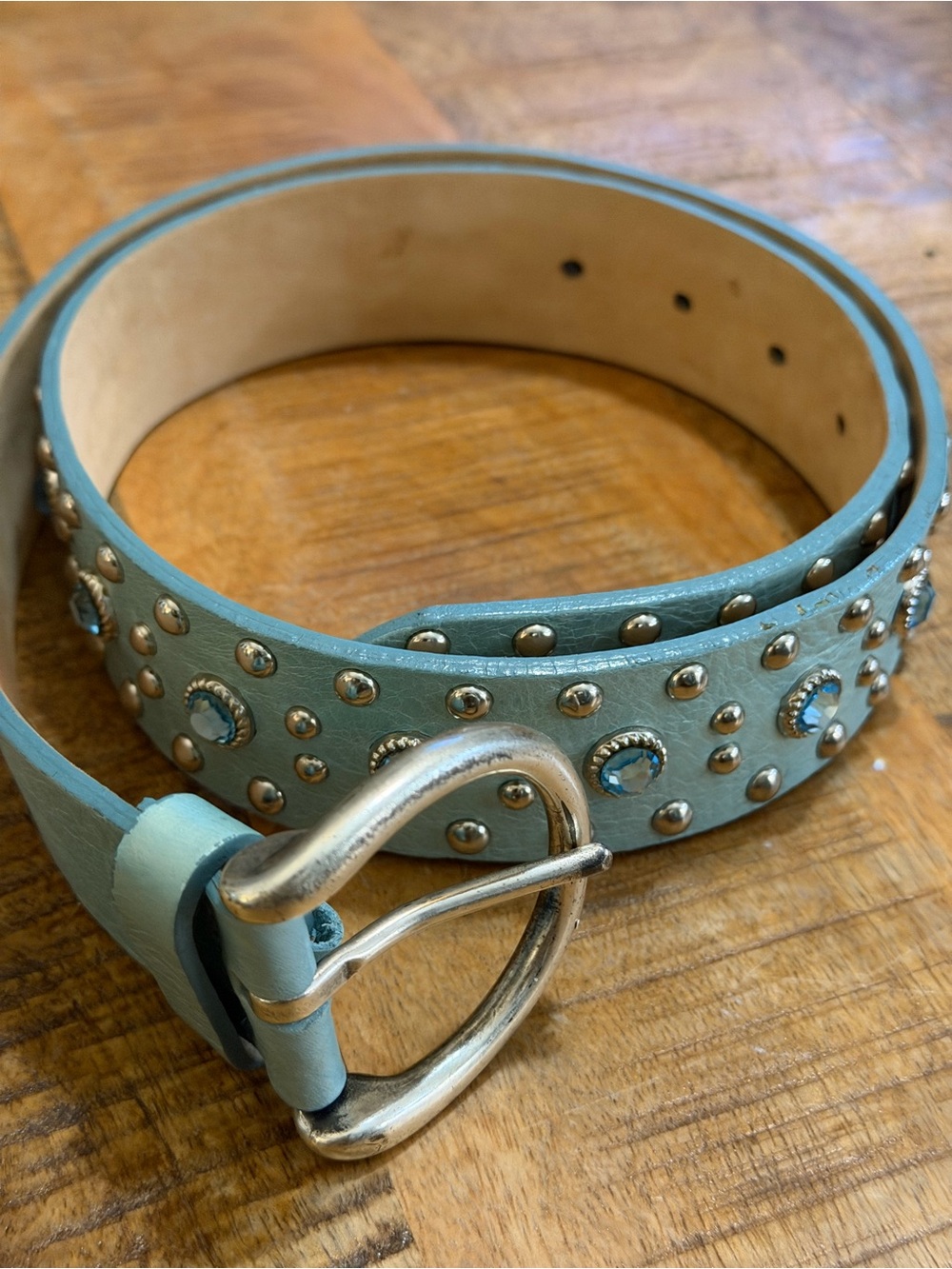 Vintage Streets Ahead Aqua Leather Belt W/ Rhinestones Solid Brass Buckle Size S